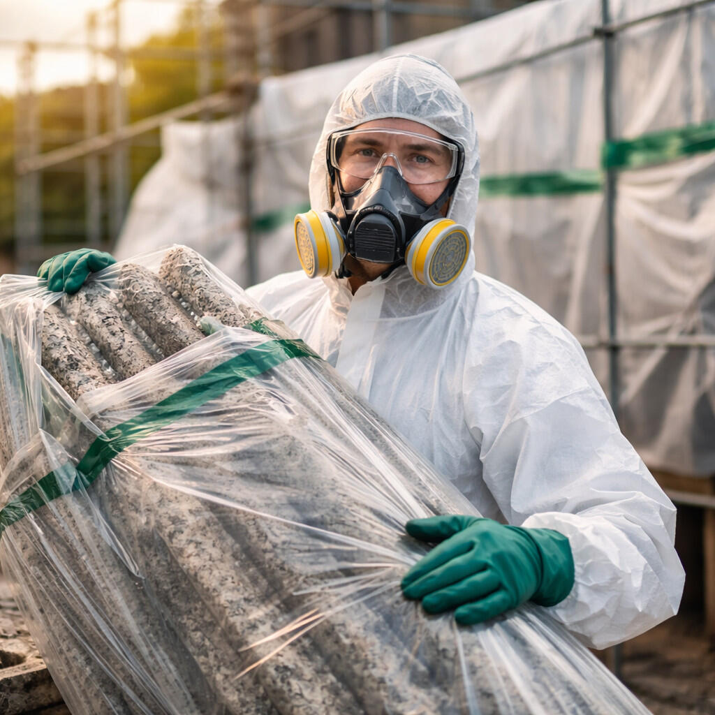 Arbeiter bei der Asbestsanierung im Freien